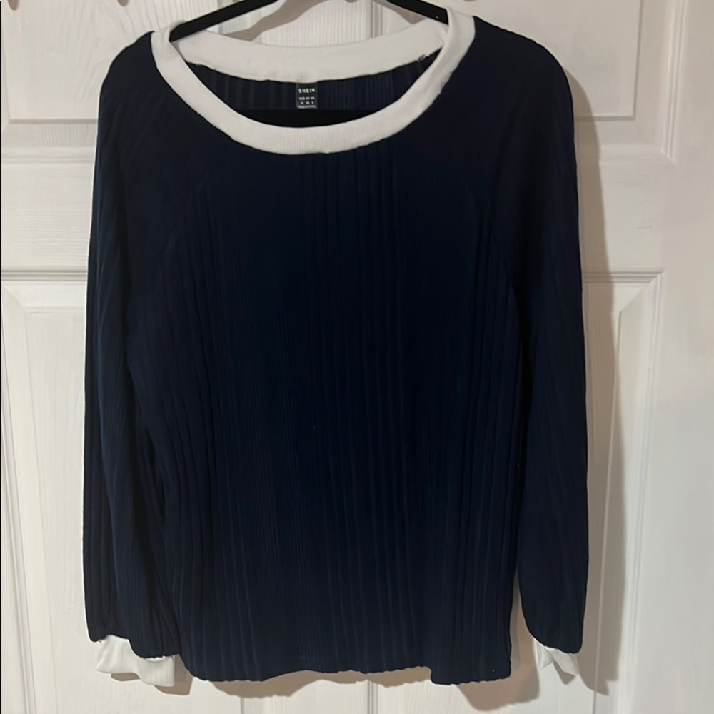 NWOT Navy Blue Crew Neck Sweater with White Accents